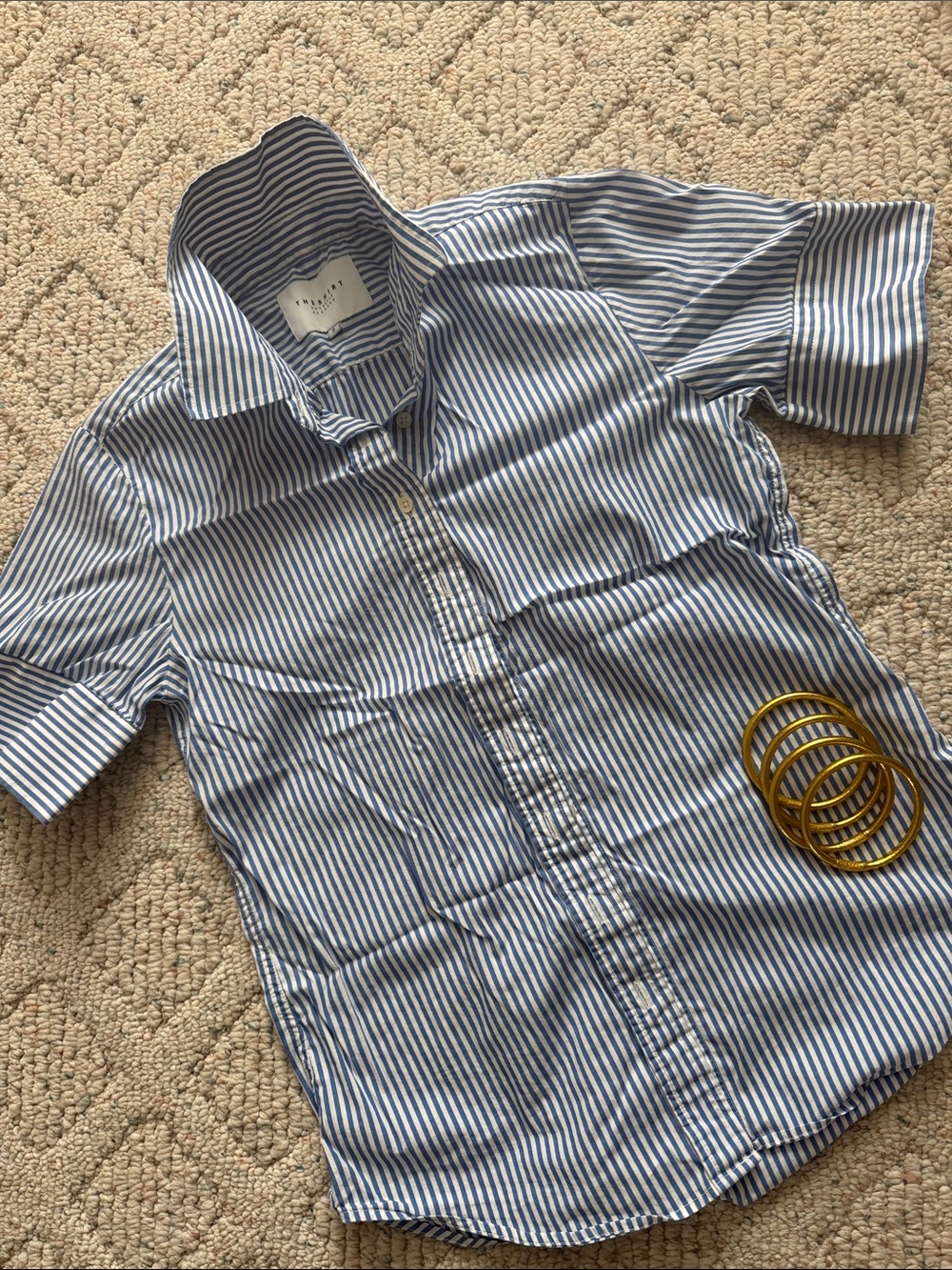 The Shirt by Rochelle Behrens Navy and White Striped Button-Down Shirt